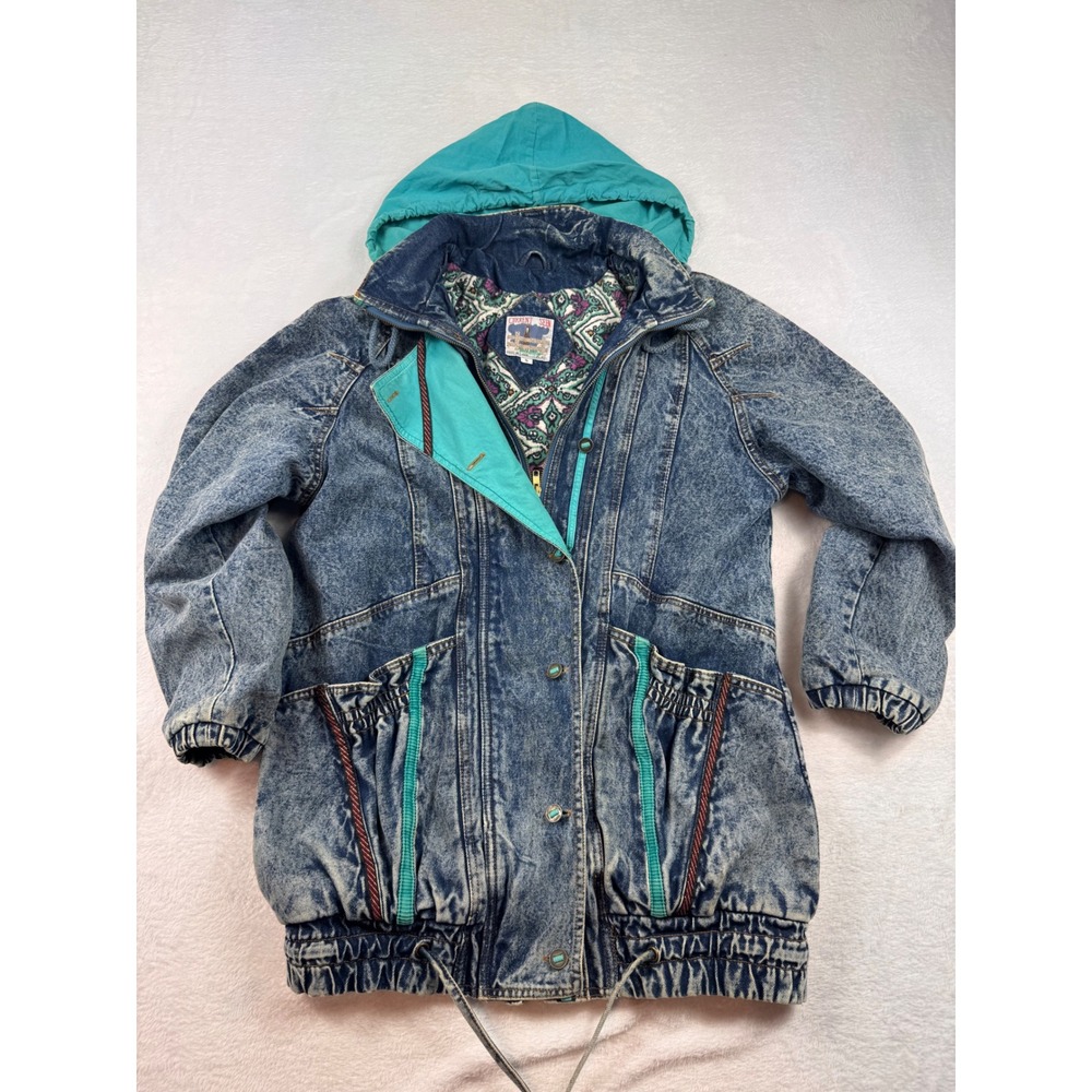 Current Seen Vintage Acid Wash Denim Parka Jacket Teal Hooded Paisley Lining S